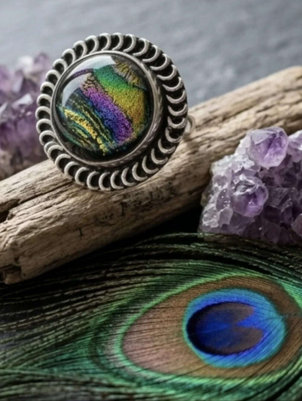 925 Sterling Silver Artisanal Rainbow Dichroic Glass Statement Ring Size 9